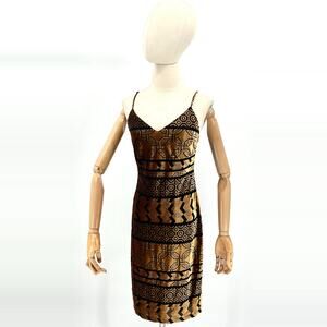 Nicole Miller Studio Black Bronze Velvet Burnout Stretchy Art Deco Midi Dress